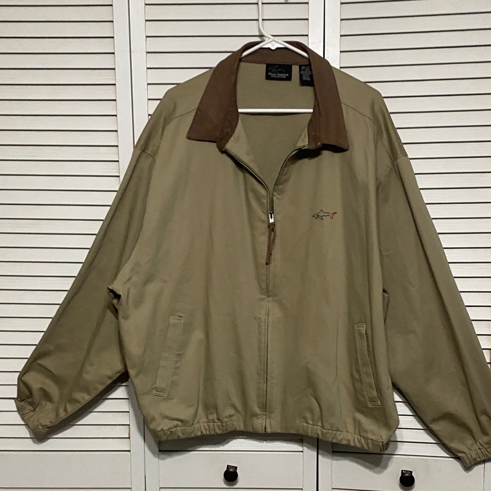 Classic Tan Lightweight Harrington Jacket with Brown Collar.
